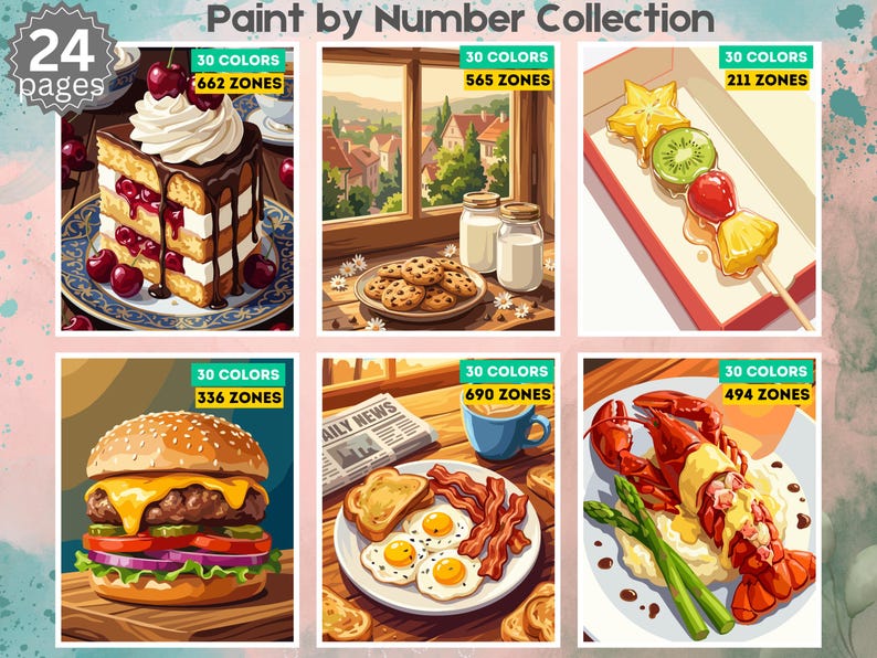 May include: A Paint by Number Collection featuring 24 pages of food and scenery illustrations. Each of the six visible panels displays a unique image with a 30-color palette and a specific number of zones, ranging from 211 to 690, for painting.