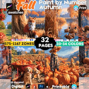 Könnte beinhalten: Eine digitale Sammlung von 32 ausdruckbaren Malen-nach-Zahlen-Seiten mit Herbstmotiven. Die Bilder zeigen einen Fuchs, einen Hirsch, ein Eichhörnchen, eine Vogelscheuche in einem Kürbisfeld mit Hunden und Apfelernte. Text: Fall Paint by Number Autumn.