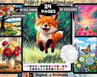Printable Color by Number Bundle, 24 Nature Scenes, Floral Animals (Digital Download)