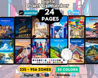 24 Reisposters om in te kleuren met Procreate, 30 kleuren, printbaar | PNG PDF SVG, kleurplaten voor volwassenen, voor iPad, digitale download