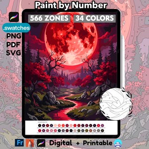 May include: A digital paint by number set featuring a red moon over a forest landscape with a winding river. The display shows 566 zones, 34 colours, and a colour palette. Text includes Paint by Number, 566 ZONES, 34 COLOURS, .swatches, PNG, PDF, SVG, Digital + Printable.