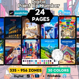 Pode incluir: Um conjunto de pintura por números digital com 24 páginas de ilustrações de viagens como Manarola, Roma, Capadócia, Santorini, Nova Iorque, Alpes Suíços, Agueda, Japão e Machu Picchu. Inclui 335-956 zonas e 30 cores para uso digital ou impresso.