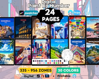 24 Color by Number Adult, Procreate Coloring Book, Digital Paint by Numbers, Printable PDF PNG SVG for iPad, color by number procreate
