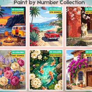 Puede incluir: Una colecci&oacute;n de pintura por n&uacute;meros de 24 p&aacute;ginas con seis escenas distintas: un atardecer en la playa con una furgoneta, una carretera costera con un coche rojo, un gato en una puerta, flores en una jaula, peces koi en un estanque y una casa.