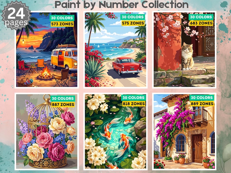 Puede incluir: Una colecci&oacute;n de pintura por n&uacute;meros de 24 p&aacute;ginas con seis escenas distintas: un atardecer en la playa con una furgoneta, una carretera costera con un coche rojo, un gato en una puerta, flores en una jaula, peces koi en un estanque y una casa.