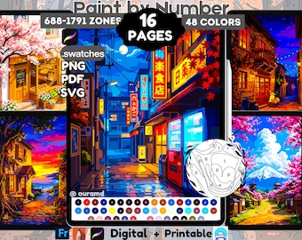 16 Procreate Japan Color by Number for Adults, 48 Colors Procreate Palette Bundle, Digital and Printable (Digital Download)