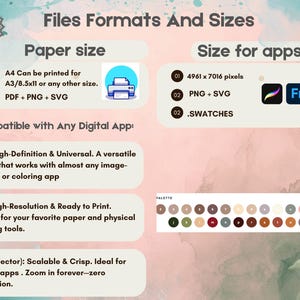 May include: An informational graphic detailing 24 pages of file formats and sizes. It lists paper sizes for printing, digital app compatibility, and file types including PDF, PNG, and SVG. A color palette with 24 circular swatches is displayed.