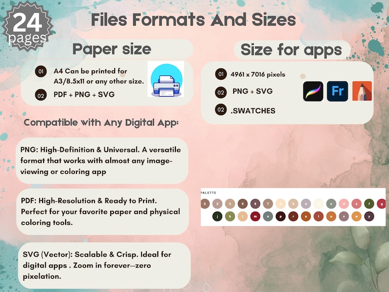 May include: An informational graphic detailing 24 pages of file formats and sizes. It lists paper sizes for printing, digital app compatibility, and file types including PDF, PNG, and SVG. A color palette with 24 circular swatches is displayed.
