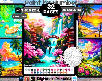 May include: A digital paint by number set featuring 32 pages and 30 colors. The display shows multiple vibrant landscape illustrations including a waterfall with cherry blossoms, a beach sunset with a hammock, and a mountain meadow scene.