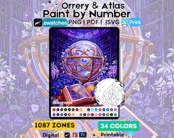 Celestial Planet & Atlas Verf op nummer | Steampunk Astronomy Coloring, PNG PDF SVG (digitale download)
