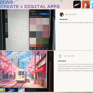 May include: A digital display showing Procreate and digital app reviews with a color palette interface, a line-art coloring page of bookshelves, and a vibrant anime-style illustration of a train on tracks surrounded by pink cherry blossom trees.