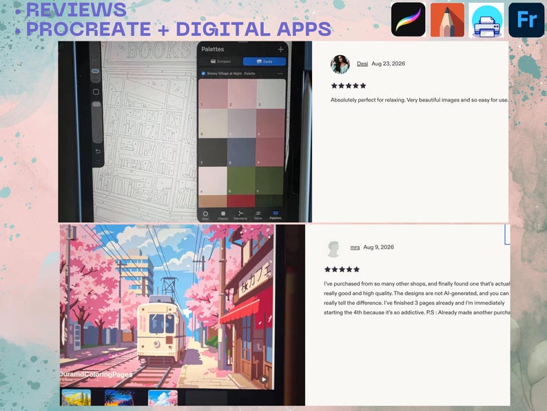 May include: A digital display showing Procreate and digital app reviews with a color palette interface, a line-art coloring page of bookshelves, and a vibrant anime-style illustration of a train on tracks surrounded by pink cherry blossom trees.