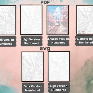 Puede incluir: Una colecci&oacute;n digital de seis archivos de arte imprimibles etiquetados como PDF y SVG, que presentan plantillas de arte lineal numeradas de una escena de v&iacute;as de tren con flores de cerezo. El conjunto incluye versiones oscuras, claras y sombreadas.