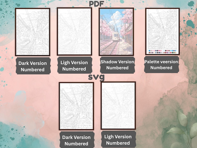 Puede incluir: Una colecci&oacute;n digital de seis archivos de arte imprimibles etiquetados como PDF y SVG, que presentan plantillas de arte lineal numeradas de una escena de v&iacute;as de tren con flores de cerezo. El conjunto incluye versiones oscuras, claras y sombreadas.