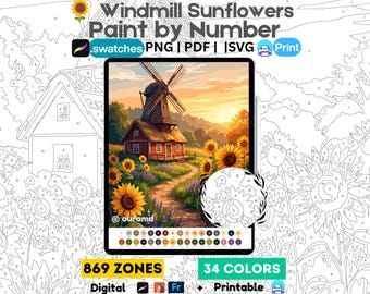 Windmill  Sunflowers Procreate Color By Number | Procreate Coloring Pages | PNG PDF SVG