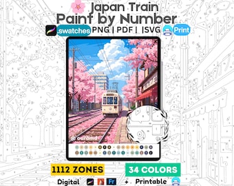 Japanse trein kersenbloesem verf op nummer | Digitale kleurplaat voortplanten, png-/pdf-bestand (digitale download)