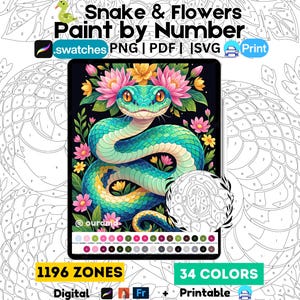 Puede incluir: Una plantilla digital de pintura por números titulada Snake & Flowers que muestra una serpiente verde azulada rodeada de flores rosas y amarillas sobre un fondo negro. La imagen incluye una barra de paleta de colores, 1196 zonas, 34 colores y formatos PNG, PDF y SVG.