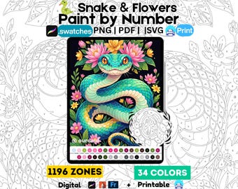 Smaragdgroene slang schilderen op nummer, bloemen safari dieren kleurplaten (digitale download)