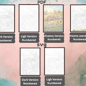 May include: A collection of digital art files including PDF and SVG formats featuring a cat resting on a fence among sunflowers. The set includes dark, light, shadow, and palette versions, each labeled with text such as Dark Version Numbered.