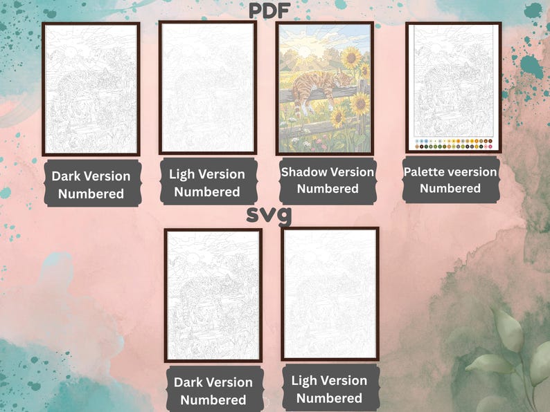 May include: A collection of digital art files including PDF and SVG formats featuring a cat resting on a fence among sunflowers. The set includes dark, light, shadow, and palette versions, each labeled with text such as Dark Version Numbered.