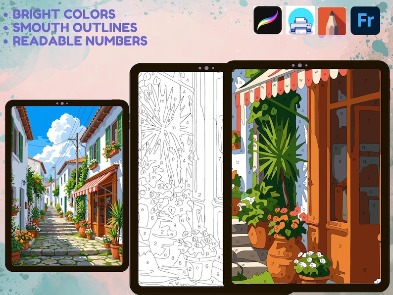 24 páginas para colorear de Procreate, pintura digital por números, dibujos para colorear para adultos en iPad, imprimibles en formato PNG, PDF y SVG. imagen 11