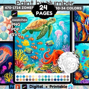 24 Procreate målarbilder, havsliv färglägg efter nummer, digitalt utskrivbara PNG PDF SVG