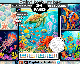 Ocean Paint by Number Pages, Sea Life Digital Coloring, Procreate Printable (24 Pages)