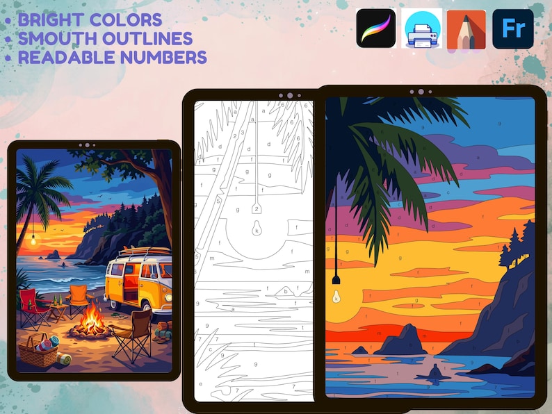 24 páginas para colorear de Procreate, pintura digital por números, dibujos para colorear para adultos en iPad, imprimibles en formato PNG, PDF y SVG. imagen 14