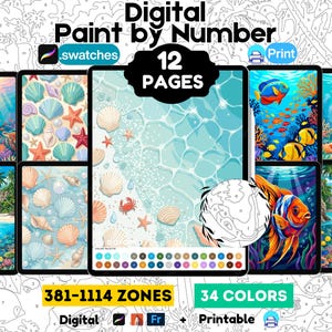 Páginas para colorir por números com tema de vida marinha, 12 modelos digitais para colorir (Procreate, PDF, SVG)