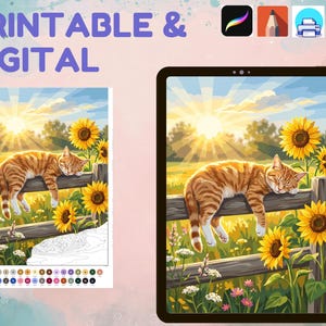 May include: A digital illustration of an orange tabby cat sleeping on a wooden fence in a sunflower field at sunrise, displayed on a tablet screen next to a printable paint-by-number version with color-coded sections and a palette of numbered circles.