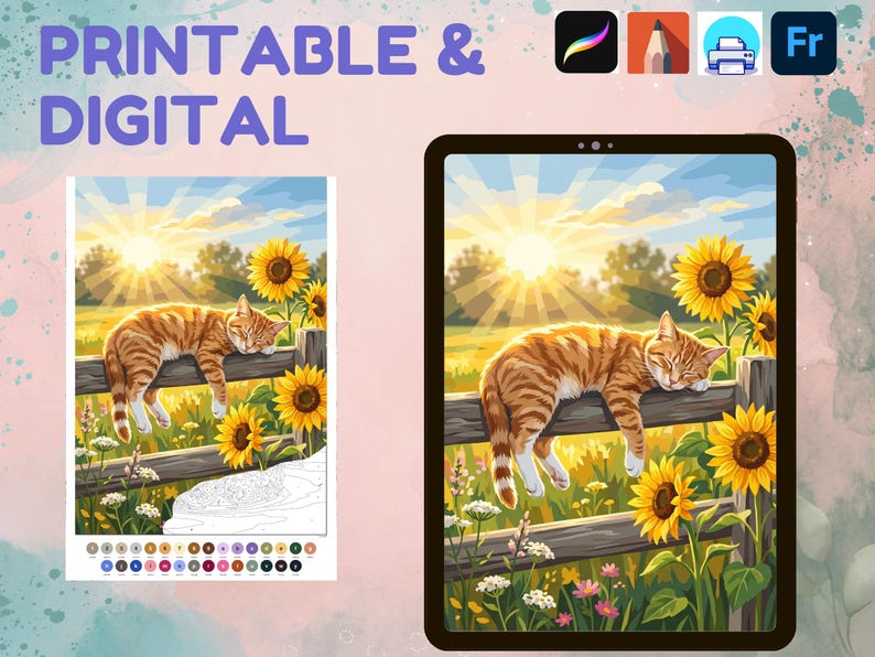 May include: A digital illustration of an orange tabby cat sleeping on a wooden fence in a sunflower field at sunrise, displayed on a tablet screen next to a printable paint-by-number version with color-coded sections and a palette of numbered circles.