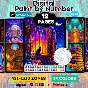 Könnte beinhalten: Ein digitales Malen-nach-Zahlen-Set mit 12 Seiten, 421-1310 Feldern und 34 Farben. Die Sammlung enthält lebendige Illustrationen von Bibliotheken, Schlössern und magischen Szenen mit Katzen, Büchern und leuchtenden Fenstern in Lila, Blau und Gold.