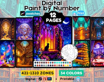 12 Procreate-kleurplaten, digitaal schilderen op nummer, Fantasy Cosy iPad-kleurplaten voor volwassenen, afdrukbaar | PNG-pdf-SVG