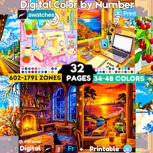 Peut inclure: Une collection numérique de coloriage par numéros comprenant 32 pages avec 602-1791 zones et 34-48 couleurs. Le collage présente diverses scènes dont un atelier de couture, un espace de travail avec ordinateur, des cerises et un coucher de soleil.