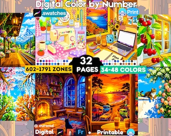 32 Color by Number Adult, Procreate, Coloring Pages, 34-48 colors,Digital ,Mediterranean And Cozy Scenes, PDF PNG SVG