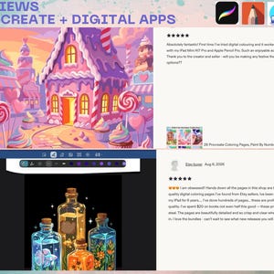 May include: A digital display showing customer reviews for Procreate and digital coloring apps. The top section features a colorful gingerbread house illustration, while the bottom section displays a collection of glowing potion bottles on a black background.