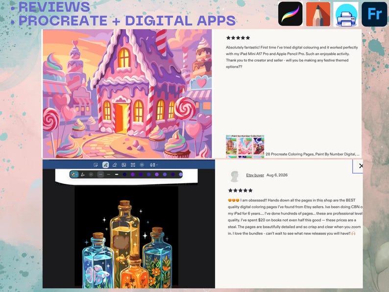 May include: A digital display showing customer reviews for Procreate and digital coloring apps. The top section features a colorful gingerbread house illustration, while the bottom section displays a collection of glowing potion bottles on a black background.
