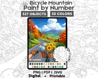 Bicycle Mountain Digitale verf op nummer – Bloemenmand Procreate Kleurplaten - png-/pdf-bestand