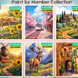 Puede incluir: Una colecci&oacute;n de pintura por n&uacute;meros con 24 p&aacute;ginas de dise&ntilde;os art&iacute;sticos. Cada una de las seis ilustraciones visibles muestra 34 colores y un n&uacute;mero espec&iacute;fico de zonas, incluyendo escenas de un gato, un tren, un paisaje, un molino, un ciervo y un arco.