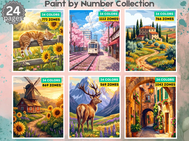 Puede incluir: Una colecci&oacute;n de pintura por n&uacute;meros con 24 p&aacute;ginas de dise&ntilde;os art&iacute;sticos. Cada una de las seis ilustraciones visibles muestra 34 colores y un n&uacute;mero espec&iacute;fico de zonas, incluyendo escenas de un gato, un tren, un paisaje, un molino, un ciervo y un arco.