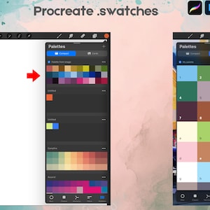 May include: A digital interface display showing Procreate .swatches with multiple color palettes. The left side shows a compact view with a red arrow pointing to a color grid, while the right side displays a card view of a numbered color palette.