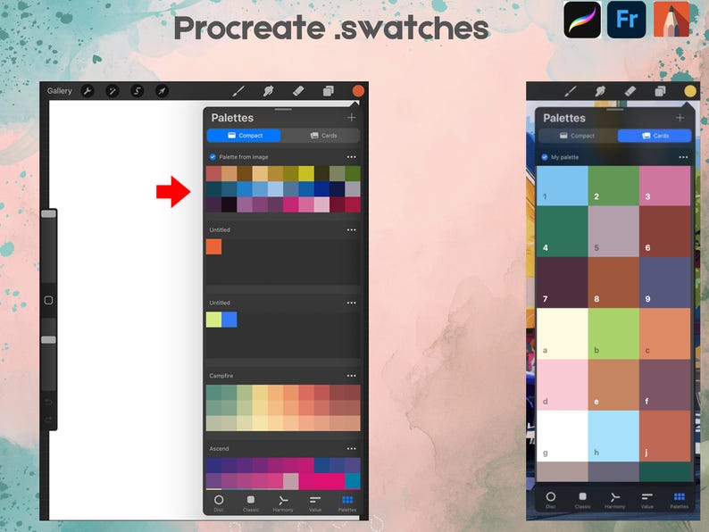 May include: A digital interface display showing Procreate .swatches with multiple color palettes. The left side shows a compact view with a red arrow pointing to a color grid, while the right side displays a card view of a numbered color palette.