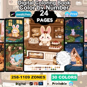May include: A digital colouring book featuring 24 pages of colour-by-number illustrations with 258-1109 zones and 30 colours. The collection includes various scenes of cartoon rabbits in settings like a bakery, a bathtub, and a campsite, available for digital use or printing.