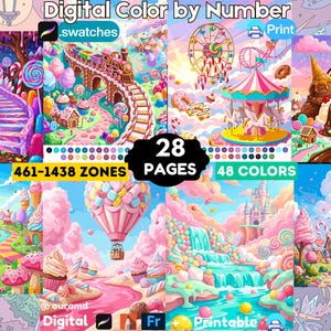 Peut inclure: Un ensemble de coloriage numérique par numéro comprenant 28 pages avec 461-1438 zones et 48 couleurs. La collection inclut des illustrations de paysages de bonbons, un train, un carrousel, une montgolfière, une cascade et des châteaux pastel.
