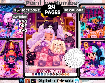 24 Cozy Girl Moments Color by Number for Adults | Procreate Coloring Page | Coloring Printable Wall Art | PNG PDF SVG