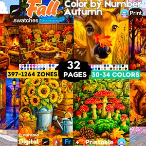 Op de afbeelding: Een digitale kleur-op-nummer collectie met 32 pagina's aan herfstillustraties, waaronder een gezellige open haard, een vuurplaats, een hert, een blokhut, zonnebloemen, paddenstoelen en een eekhoorn, met 397-1264 zones en 30-34 kleuren.