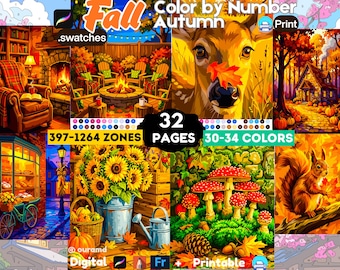 32 Procreate Autumn Fall Moments Color by Number | Printable Coloring Pages | Cozy Fall Pumpkin Leaves Scenes, For Adults PNG PDF SVG