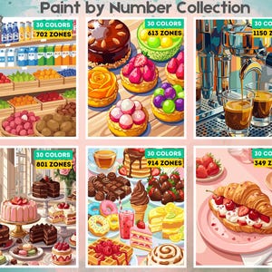 May include: A Paint by Number Collection featuring 24 pages of food illustrations. Six panels display colorful scenes of a grocery store, fruit tarts, an espresso machine, a cake display, assorted desserts, and a strawberry croissant.