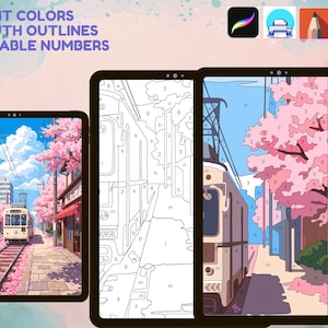 May include: Digital paint-by-number templates for tablets featuring a street scene with a tram, cherry blossom trees, and blue sky. Text reads: BRIGHT COLORS, SMOOTH OUTLINES, READABLE NUMBERS. Includes icons for Procreate, printing, and Adobe software.