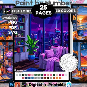 25 Reading Room Paint by Number Pages for Adults Digital Printable Procreate (Digital Download)